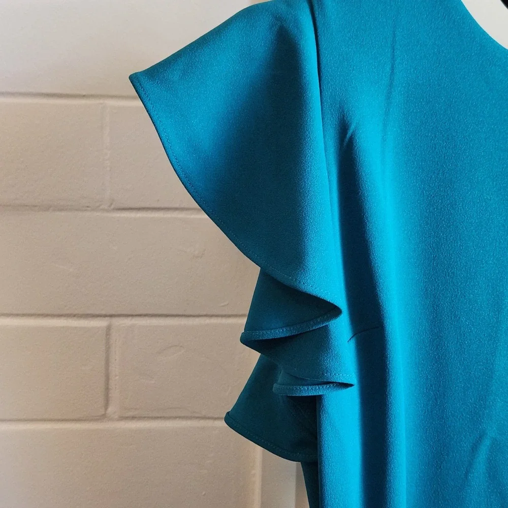 Calvin Klein Womens Teal Ruffle Sleeve‎ Sheath Dress Size 10 Belted Knee Length